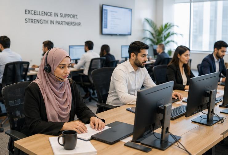 Support desk team member on a headset assisting a law firm